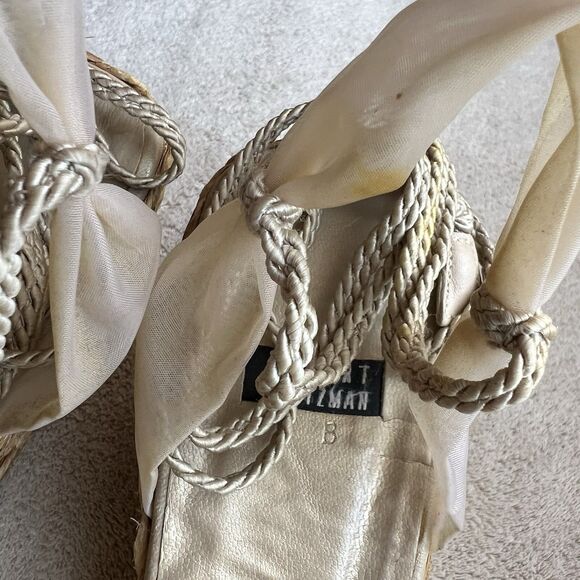 Stuart Weitzman Cream Organza Mesh Wedge Heel Sandals Women 7 Ankle Strap Laces - Picture 10 of 16